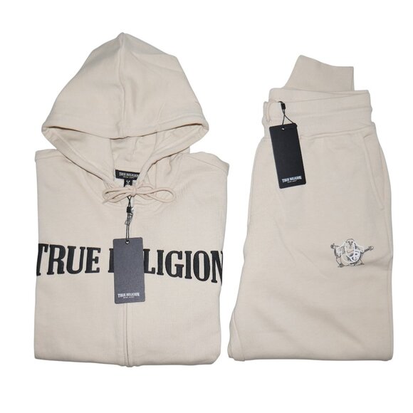 True Religion Men's Fleece Sweatsuit 2 Piece Tracksuit Matching Hoodie Joggers - Picture 2 of 16